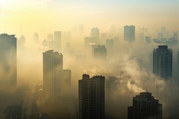 A city skyline is covered in a thick fog and dust