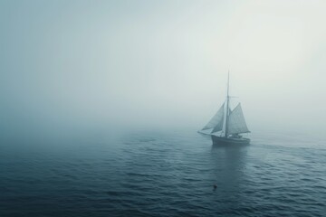 Fototapeta premium The Solace of the Sea: Sailboat, Misty Coast, Isolation, Tranquil, Adventure