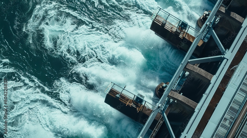 Poster Macro view of a hydroelectric dam in operation, water rushing through gates, highlighting powerful renewable energy sources. 