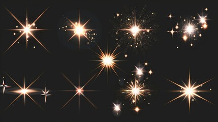 Flares, twinkles, and glows on a black background. Realistic modern set of bright camera lens glares and beams. Starburst sparkle with radiance gleam and beam.