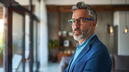 Real estate agent, middle aged Caucasian male, dressed in smart blue blazer and glasses, portraying concentration loft interior - Powered by Adobe