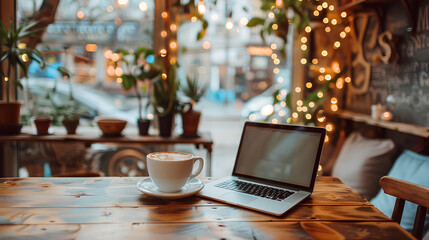 Fototapeta premium Remote Work in Urban Cafe Setting with Laptop and Coffee