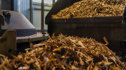 Close-up of organic plant material being processed for bioenergy, focus on sustainable power sources. 