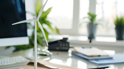 Detailed image of a small wind turbine model on an engineerâ€™s desk, concept of designing renewable energy solutions. 