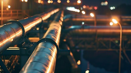 Close-up of a refinery pipeline at night, illuminated by lights, focusing on the processing of oil and gas. 