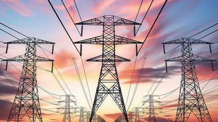 Detailed view of high-voltage power lines against a sunset sky, focusing on the distribution of electricity over long distances.