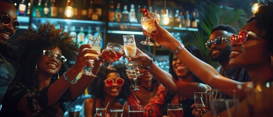 Beautiful Young People Enjoy Stylish Bar/ Restaurant With a Diverse Group of Friends for a Toast and Raised Glass. Beautiful Young People Celebrates with Various Drinks in the Stylish Bar/