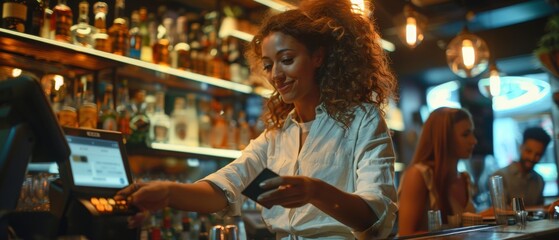 Waiter holds a credit card payment machine while beautiful woman uses a contactless phone to pay for her order. She is surrounded by her dear friends and has a great time.
