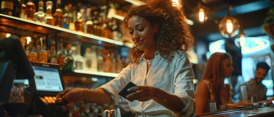 Fototapeta premium Waiter holds a credit card payment machine while beautiful woman uses a contactless phone to pay for her order. She is surrounded by her dear friends and has a great time.