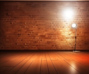 Spotlight on Empty Wooden Stage with Brick Wall Background.
