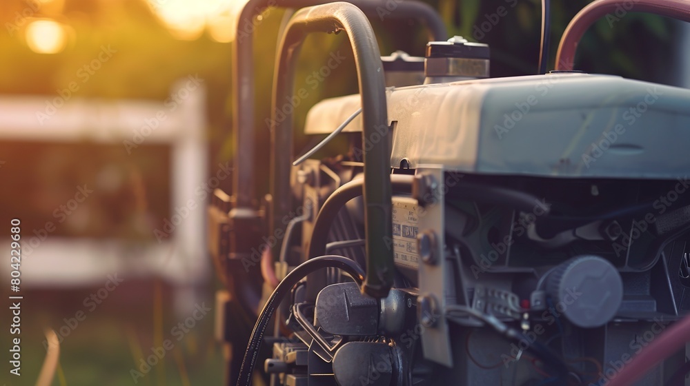 Poster close-up of a portable generator engine running during a power outage, representing backup electrici