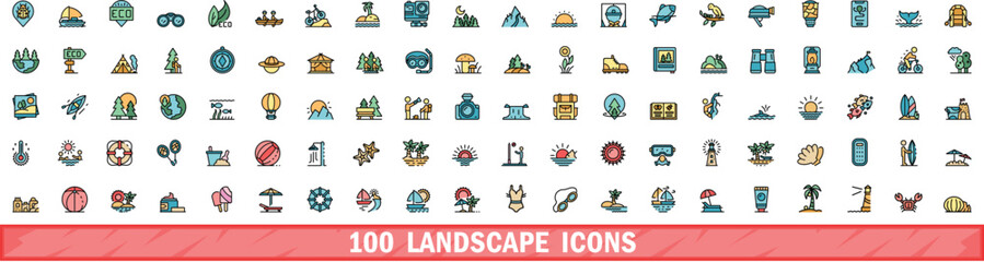 100 landscape icons set. Color line set of landscape vector icons thin line color flat on white