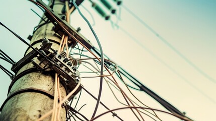 Macro of tangled wires on a utility pole, illustrating the complexity of electrical distribution networks.