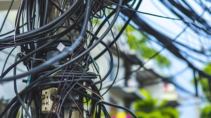 Fototapeta premium Macro of tangled wires on a utility pole, illustrating the complexity of electrical distribution networks. 