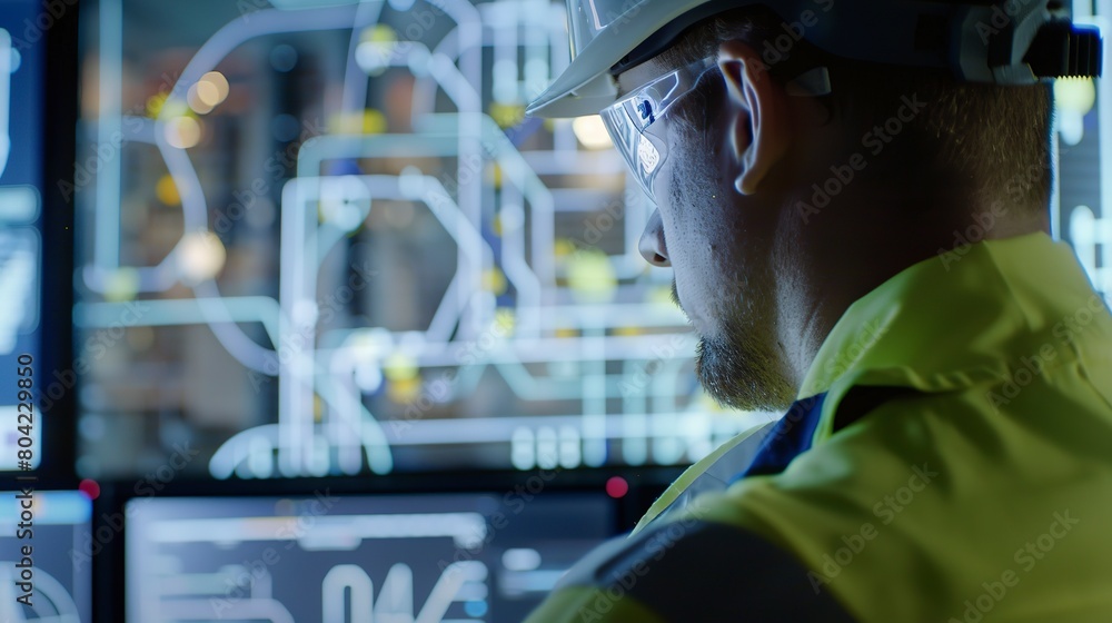 Poster intense close-up of an engineer monitoring energy storage levels on a computer screen, illustrating 