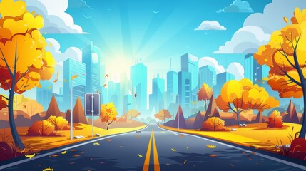 Road to modern city. Modern illustration of highway perspective, traffic sign, yellow foliage forest trees, sunny blue sky topped with fluffy clouds, over cityscape buildings on the horizon.