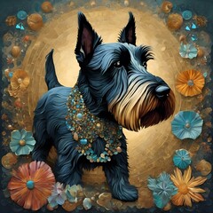 AI generated illustration of a dog sitting in front of colorful flowers on the ground