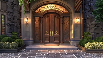 Obraz premium A luxury home entrance with a stained wood door and a stone archway