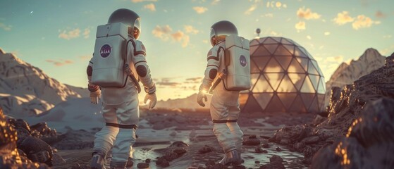 In the background, a geodesic dome and a base are depicted with astronauts in space suits on the Alien Planet. The concept is Other Worlds Colonization and Space Travel. - obrazy, fototapety, plakaty