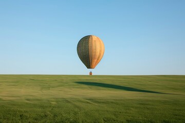 Hand-crafted wooden hot air balloon ascending into a cloudless sky, casting a long shadow on a manicured green field