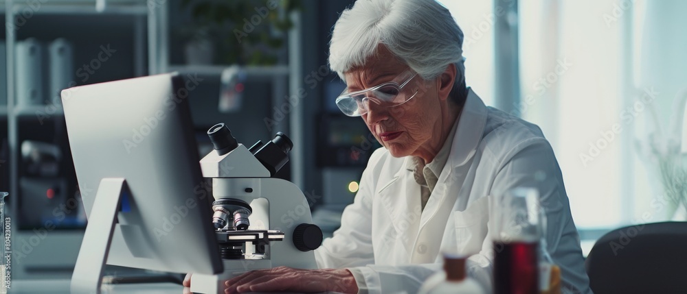 Aufkleber female biologist working on computer and looking at samples under microscope in modern laboratory.