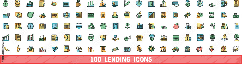Poster 100 lending icons set. color line set of lending vector icons thin line color flat on white
