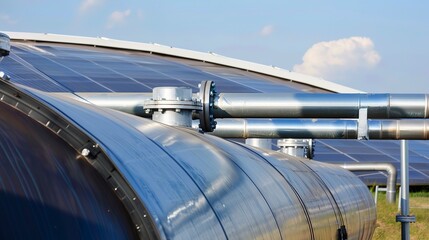 Detailed shot of a thermal energy storage tank at a solar power plant, focus on pipes and insulation materials. 