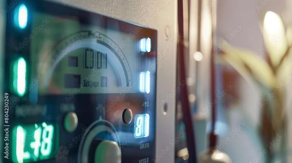Poster detailed view of an electricity usage monitor displaying real-time household power consumption, with