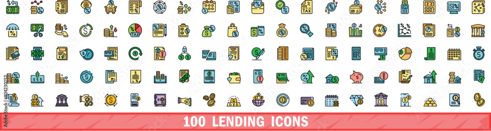 Poster 100 lending icons set. color line set of lending vector icons thin line color flat on white