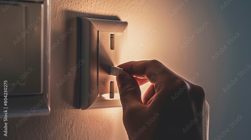 Poster intense close-up of a hand turning off a light switch, illustrating the simple action of reducing en