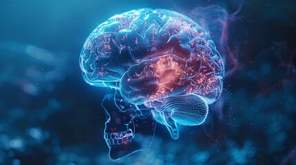  a human brain, glowing with intricate connections, as if mid-thought. Semi-transparent skull overlay adds depth, against a blue-toned backdrop. Created using futuristic design, bioluminescent effects