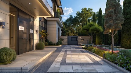 A luxury home entrance with a smart parcel delivery system and a granite pathway