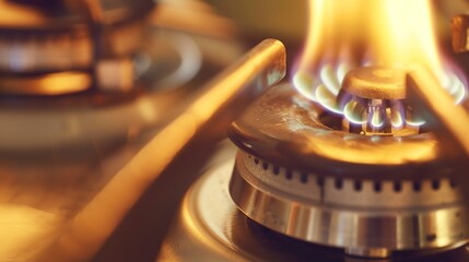 Detailed shot of a gas burner igniting on a stove, focusing on the use of natural gas energy in domestic cooking. 