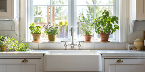 A bright and airy kitchen flooded with natural light, featuring a farmhouse sink and fresh herbs on the windowsill, inviting culinary creativity and home-cooked meals
