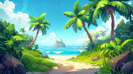 In the background, a palm tree stands overlooking a road that leads to the sea or ocean beach. The path is a tropical path that leads to the coast of the sea on a sunny day. The sky is blue and there