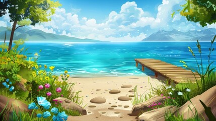 Wooden pier on summer beach. Modern cartoon illustration with sandy seashore, stones, green grass and flowers, blue lake water, beautiful natural background, sunny scene.