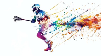 Abstract illustration of a lacrosse player in motion with a vibrant color splatter effect.
