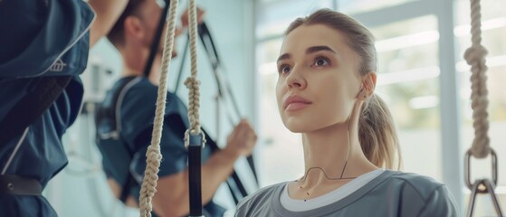 A physiotherapist assists a female patient with trauma, who is being treated with rehabilitative physiotherapy on a special suspension rope system. This is a clinic that uses advanced rehabilitation