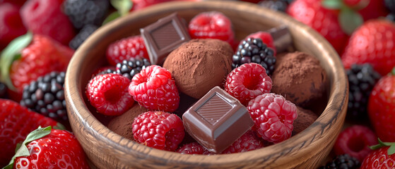 A bowl of chocolate and raspberries