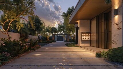 A luxury home entrance with a smart parcel delivery system and a granite pathway