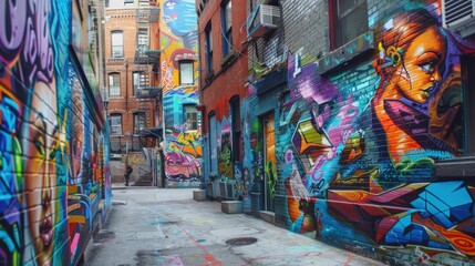 A graffiti covered alleyway with a woman painted on the wall