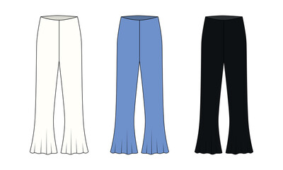 Collection of vector drawings of flared pants in white, blue and black colors.  Outline sketch of pants flared to the bottom, isolate on white background. Set of templates of women's summer wide pants