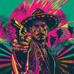 Cinco de Mayo poster of a man with a gun and a colorful background