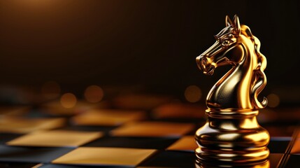 horse chess piece on a chessboard in gold color