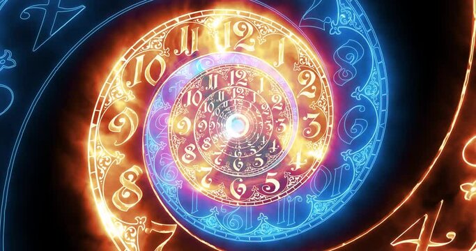 Classic spiral fire dial endlessly moving towards the camera. No arrows. It symbolizes the infinity of time. 2 colors On black background. 3D render