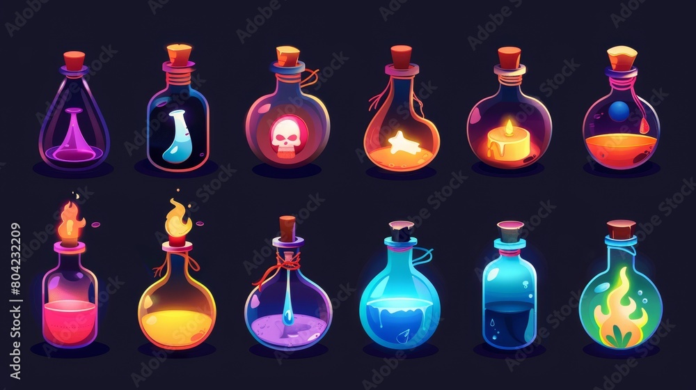 Aufkleber wizard alchemy glow object with skull 2d gui elements collection. wizard alchemy glow object with sk