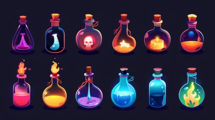 Wizard alchemy glow object with skull 2d gui elements collection. Wizard alchemy glow object with skull cartoon icon set.