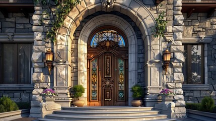 Fototapeta premium A luxury home entrance with a stained wood door and a stone archway