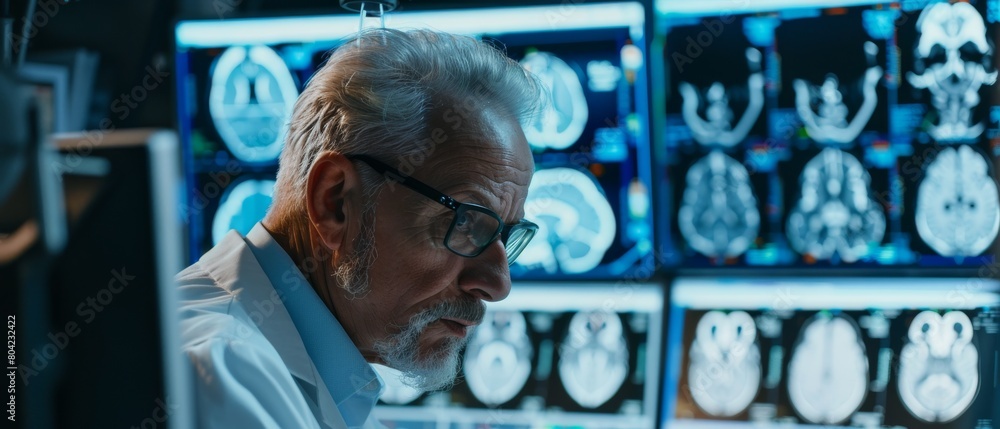 Poster a senior medical research scientist examined mri and ct brain scan images under the microscope in th