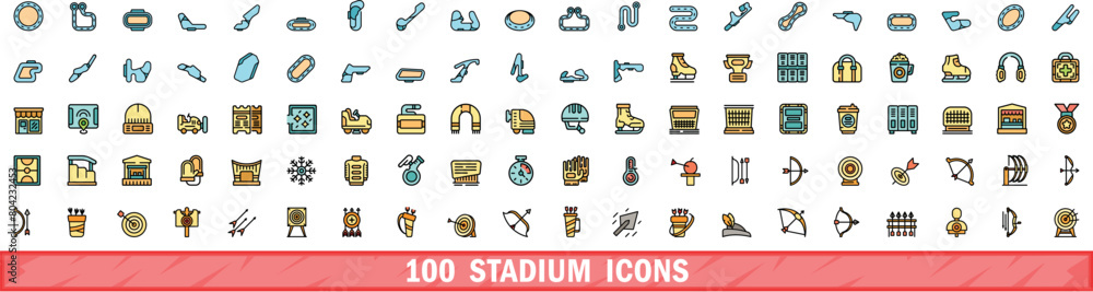 Wall mural 100 stadium icons set. Color line set of stadium vector icons thin line color flat on white - Wall murals